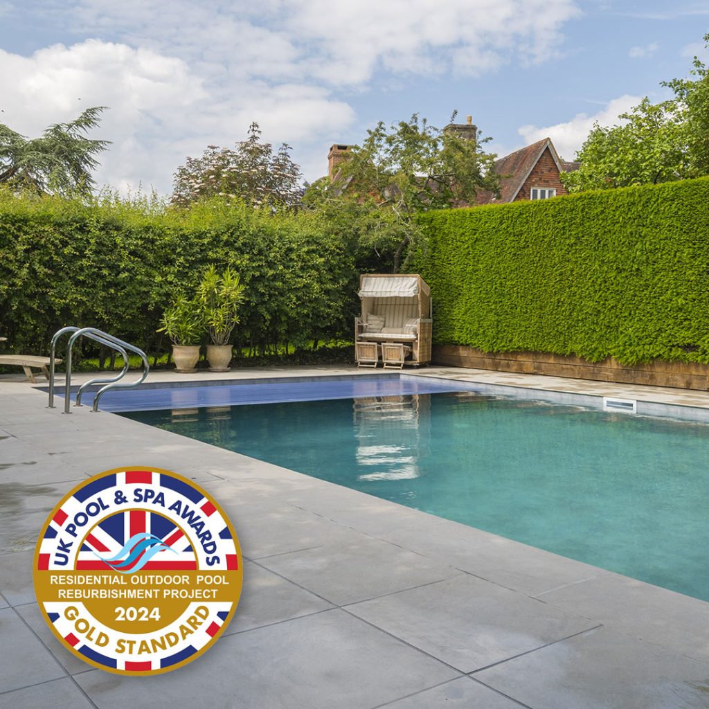 swimming pool refurbishment with hardscaping and stainless steel stairs